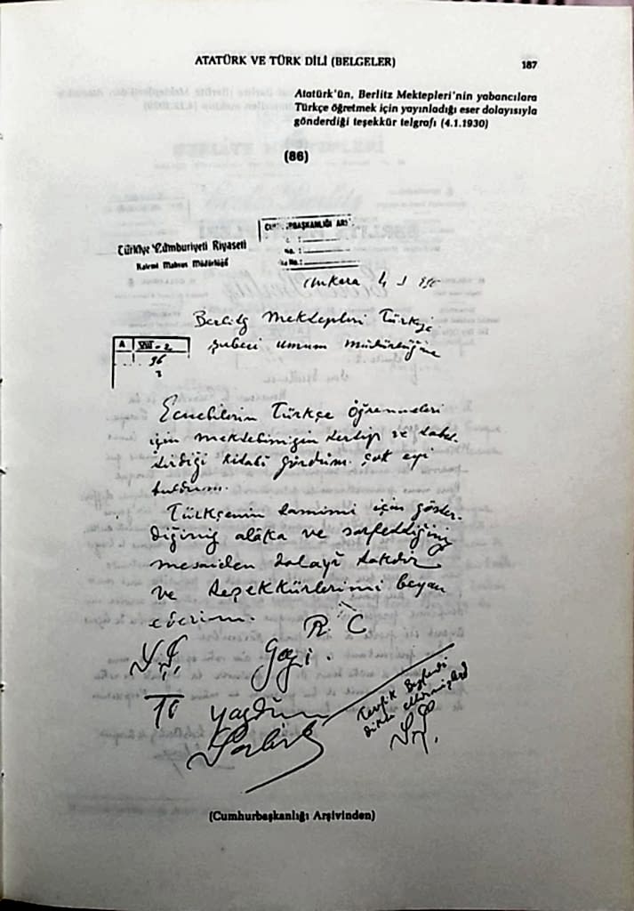Atatürk'ün Berlitz Dil Okuluna Gönderdiği Teşekkür Mektubu