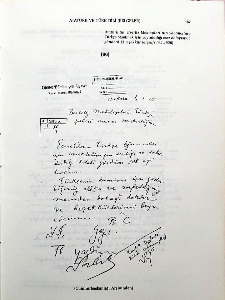 Atatürk'ün Berlitz Dil Okullarına gönderdiği teşekkür mektubu